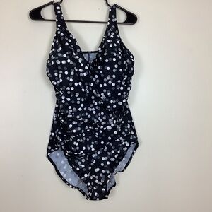 Trimshaper Swimsuit One Piece Size 16W Black White Polka Dot Ruched Slimming